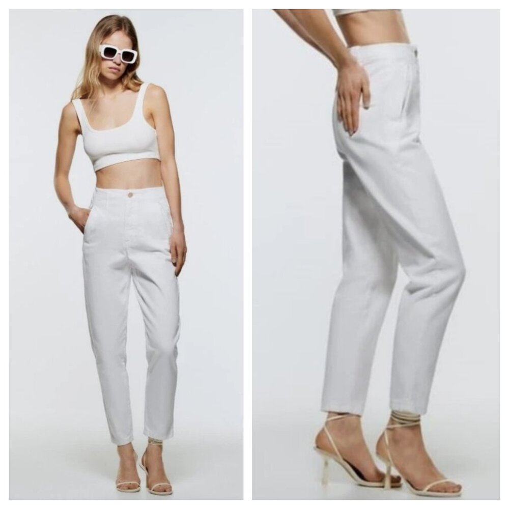 Zara White Gold Button Tailored Fit Tapered High Waist Jeans